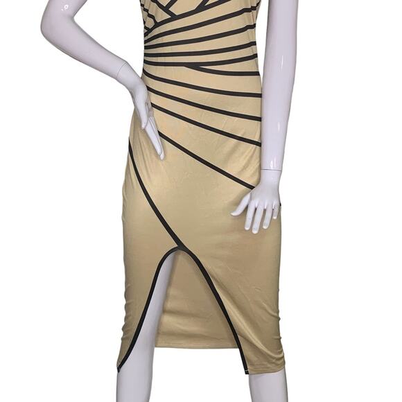 Sexy One Shoulder Bandage Dress Size Large Beige and Black Patchwork Front Slit - Picture 3 of 8